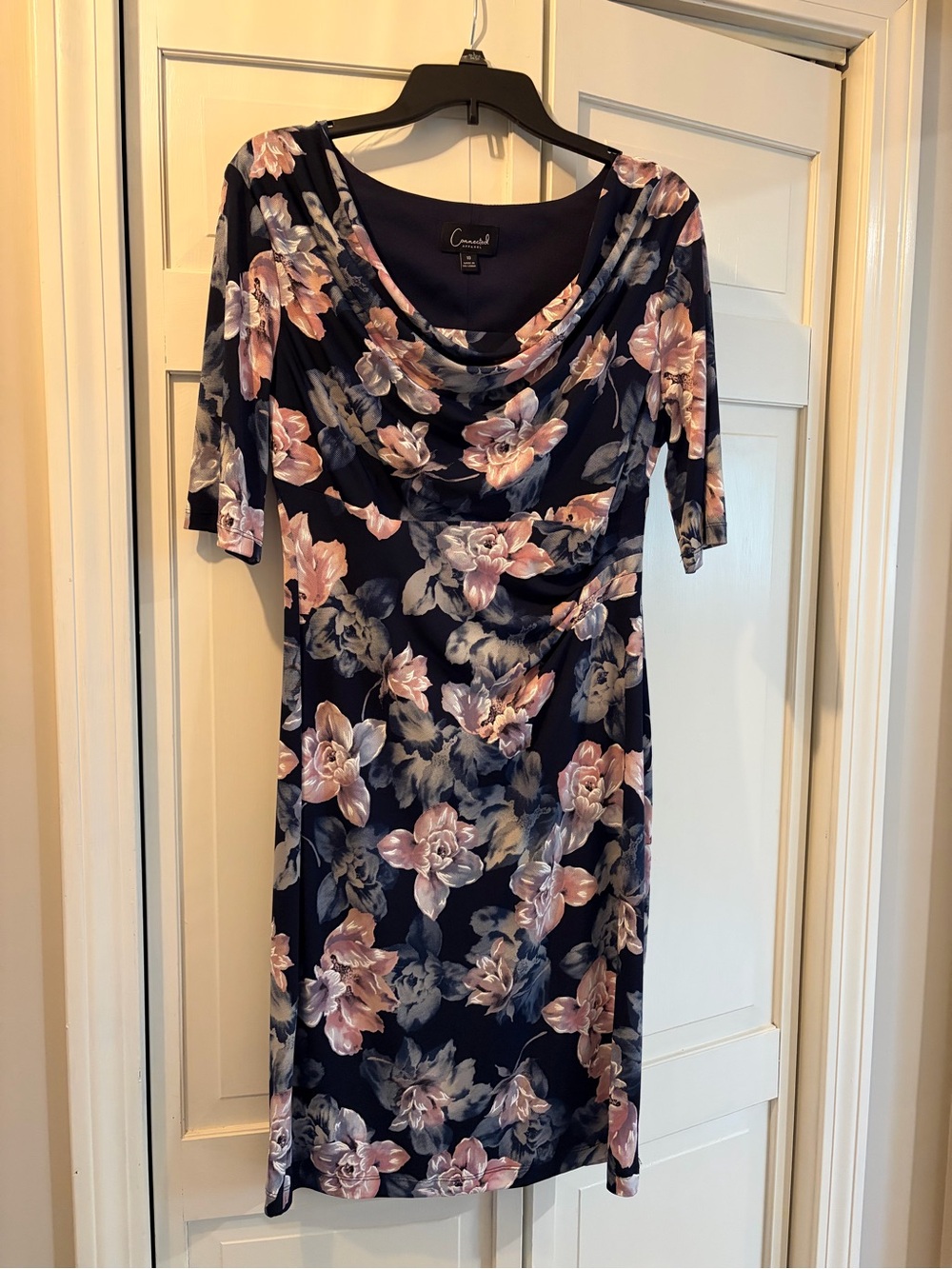 Cowl Neck Floral Midi Dress - Navy and Pink